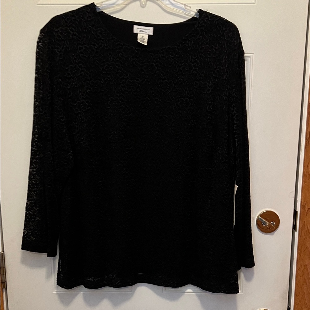 Laura Ashley Black Long Sleeve Top with Lace Overlay.  NWT. Size:  2X